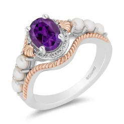 Enchanted Disney Fine Jewelry 14K Rose Gold Over Sterling Silver with 1/20 CTTW Diamonds and Amethyst and Fresh Water Pearl Little Mermaid 35th Anniversary Ariel Ring