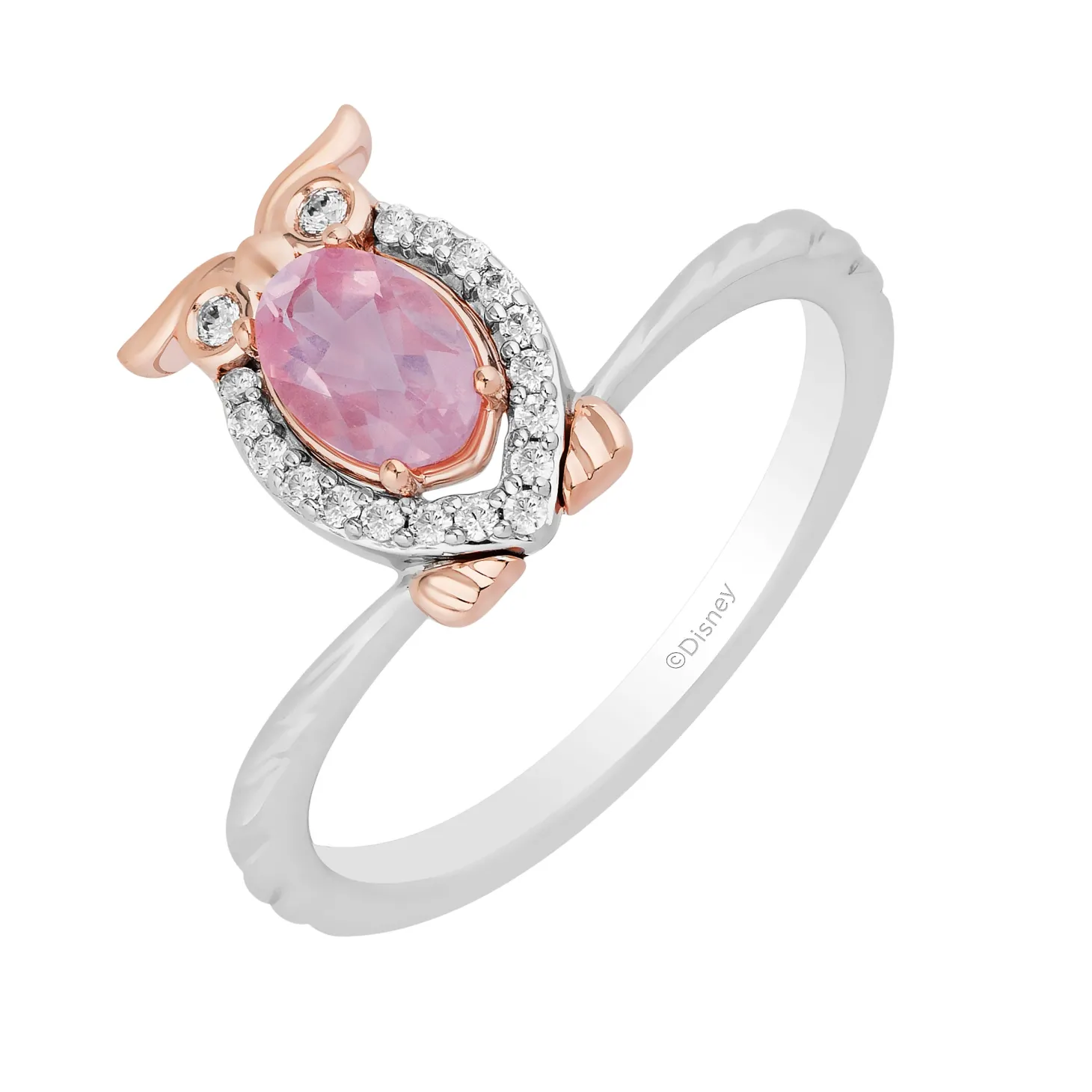 Enchanted Disney Fine Jewelry Sterling Silver and 10K Rose Gold with 1/10 CTTW Diamond and Pink Quartz Aurora Owl Ring
