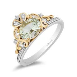 Enchanted Disney Fine Jewelry Sterling Silver and 10K Yellow Gold 1/10 CTTW Diamond and Concave Oval Green Amethyst Stepsisters Ring
