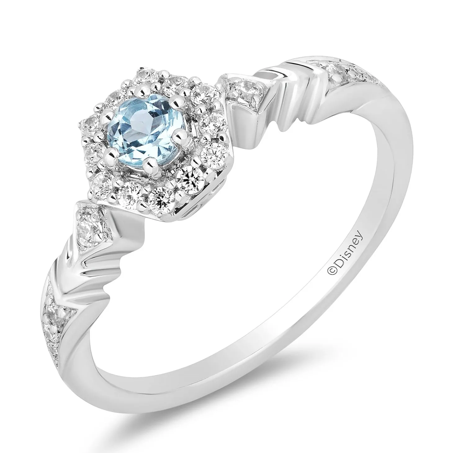 Enchanted Disney Fine Jewelry Sterling Silver with 1/5 CTTW Diamonds and Sky Blue Topaz Elsa Ring