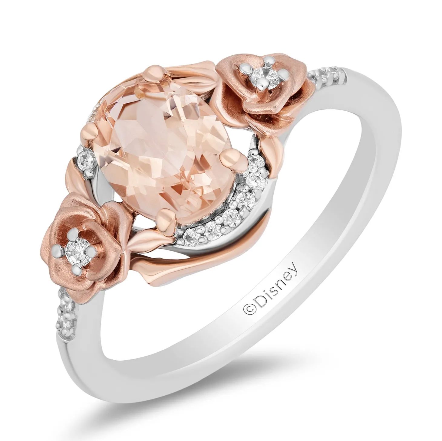 Enchanted Disney Fine Jewelry Sterling Silver and 10K Rose Gold with 1/10 CTTW Diamond and Morganite Aurora Flower Ring