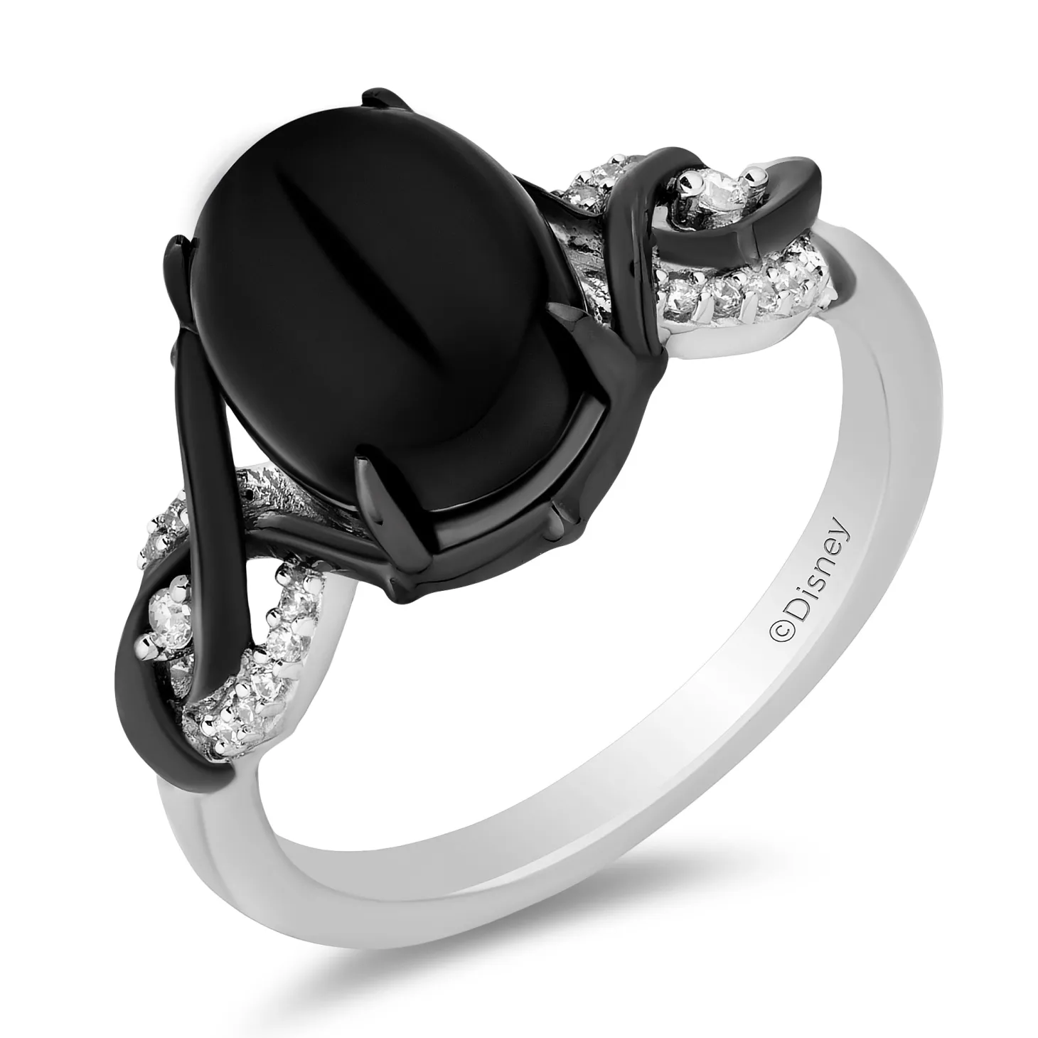 Enchanted Disney Fine Jewelry Black Rhodium Over Sterling Silver with 1/10 CTTW Diamonds and Black Onyx Maleficent Ring