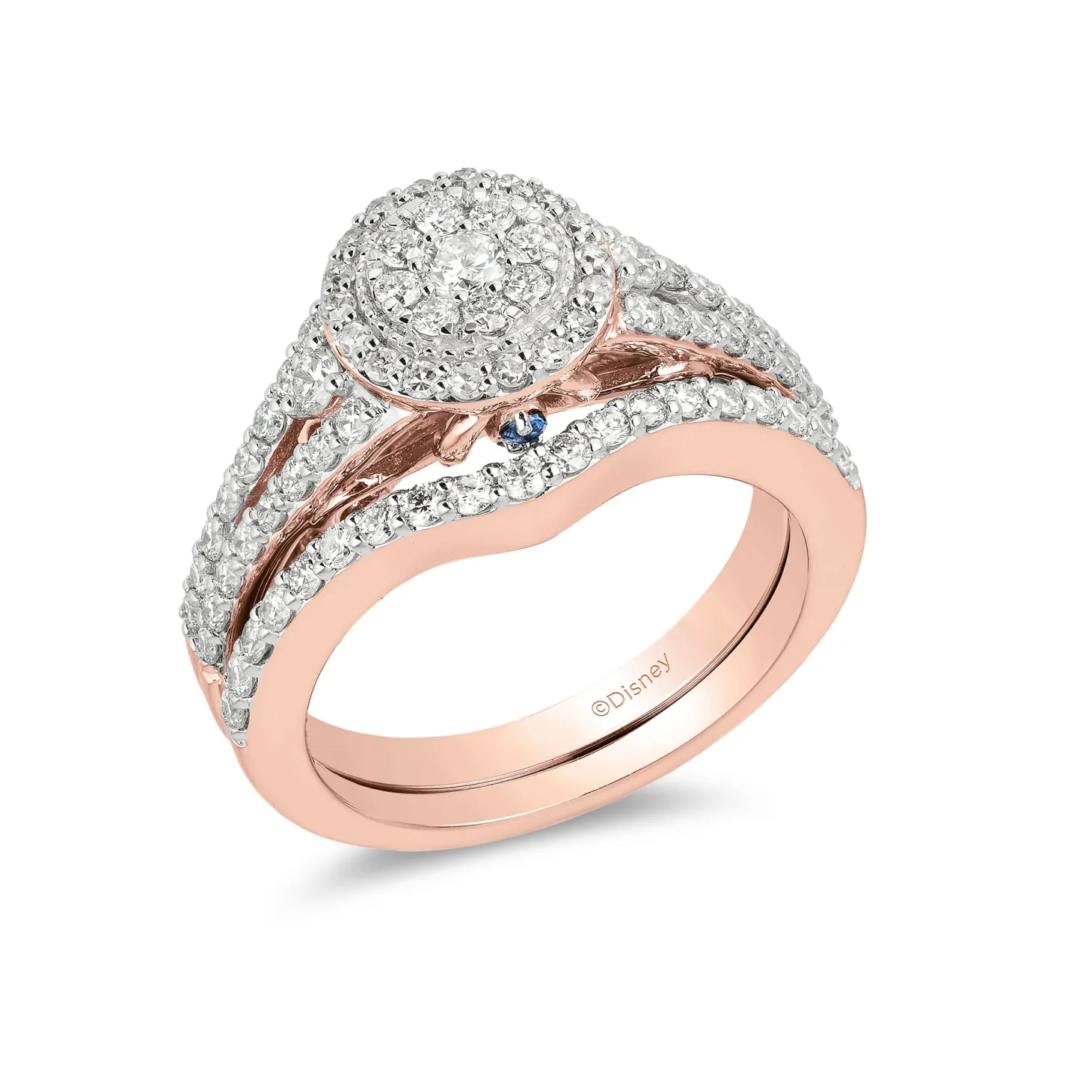 Enchanted Disney Fine Jewelry 14K Rose Gold with 1 CTTW Diamond and Created Blue sapphire Disney Cinderella Bridal Set