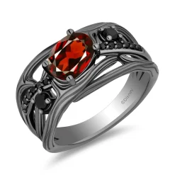 Enchanted Disney Fine Jewelry Black Rhodium Over Sterling Silver with 1/10 CTTW Black Diamonds and Garnet Evil Queen Dark Woods Ring