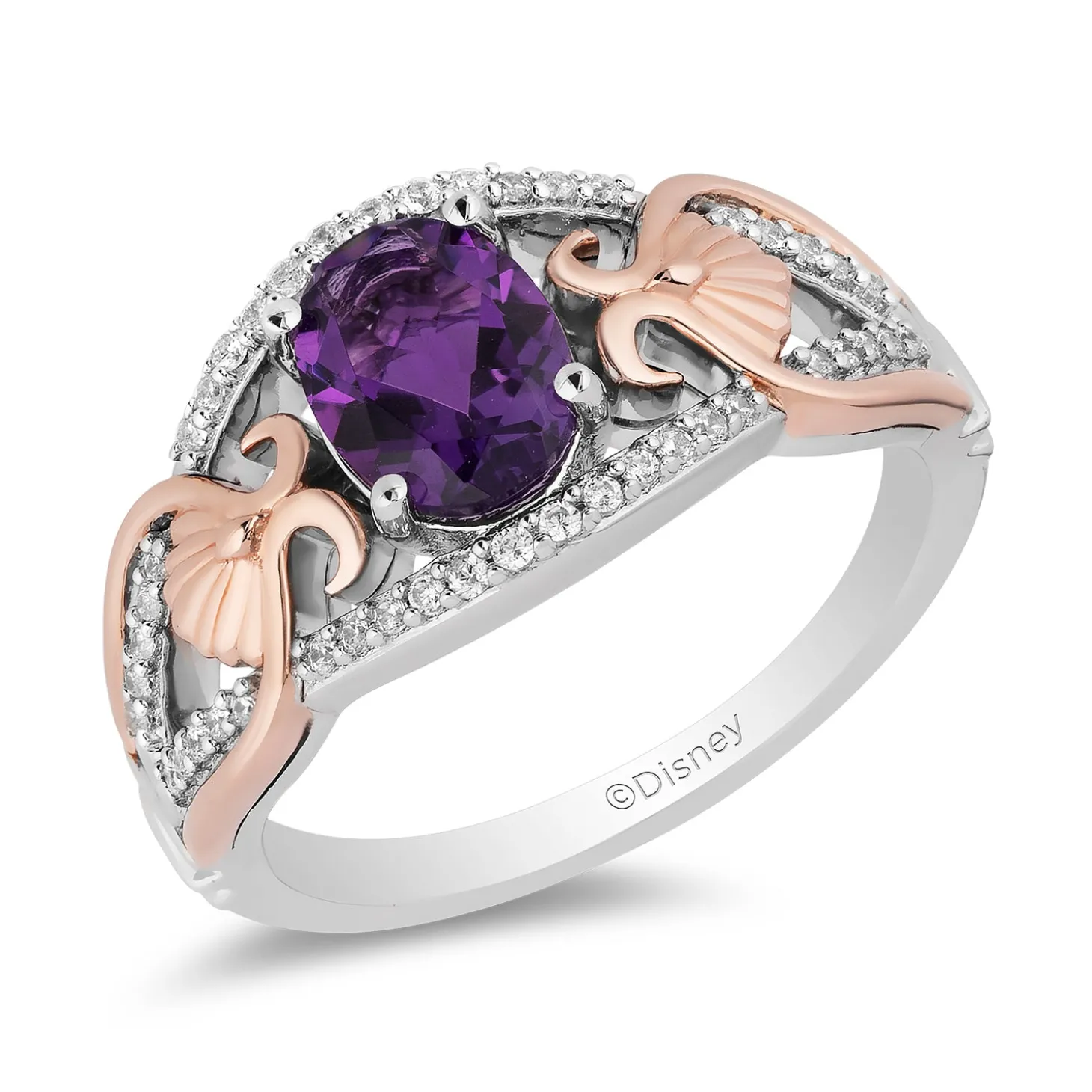 Enchanted Disney Fine Jewelry Sterling Silver and 10K Rose Gold with 1/6 CTTW Diamonds and Amethyst Ariel Ring