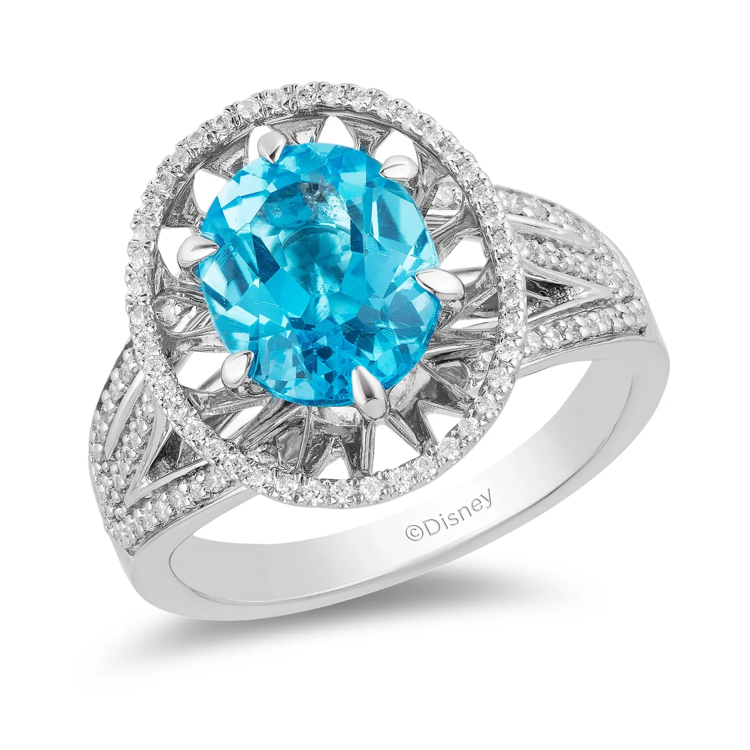 Enchanted Disney Fine Jewelry Sterling Silver with 1/4 CTTW Diamonds and Swiss Blue Topaz Jasmine Ring