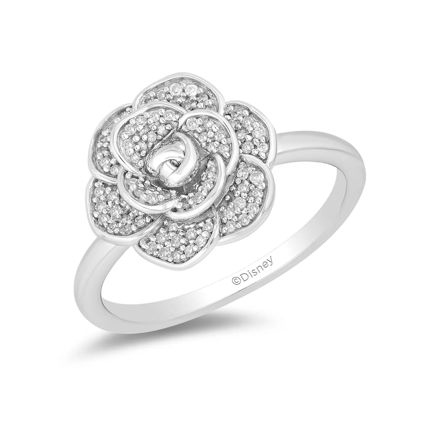 Enchanted Disney Fine Jewelry Sterling Silver with 1/5 CTTW Diamonds Cinderella 70th Anniversary Gardenia Flower Ring