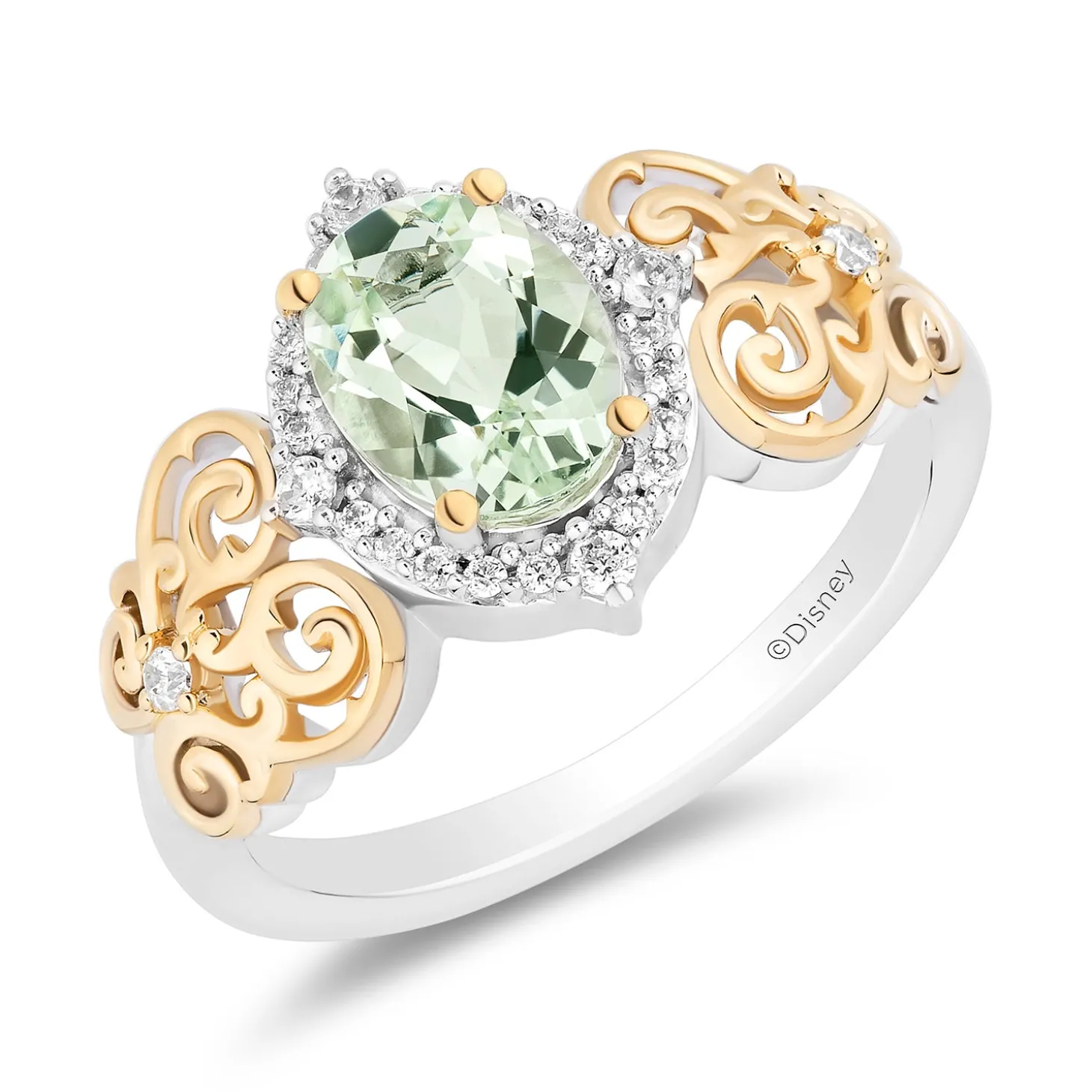Enchanted Disney Fine Jewelry 14K Yellow Gold Over Sterling Silver with 1/8 CTTW Diamonds and Green Amethyst Tiana Ring