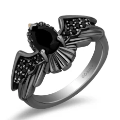 Enchanted Disney Fine Jewelry Black Rhodium Over Sterling Silver and 10K Yellow Gold with 1/5 CTTW Black Diamonds, Onyx and Garnet Sleeping Beauty 65th Anniversary Celebration Maleficent Ring