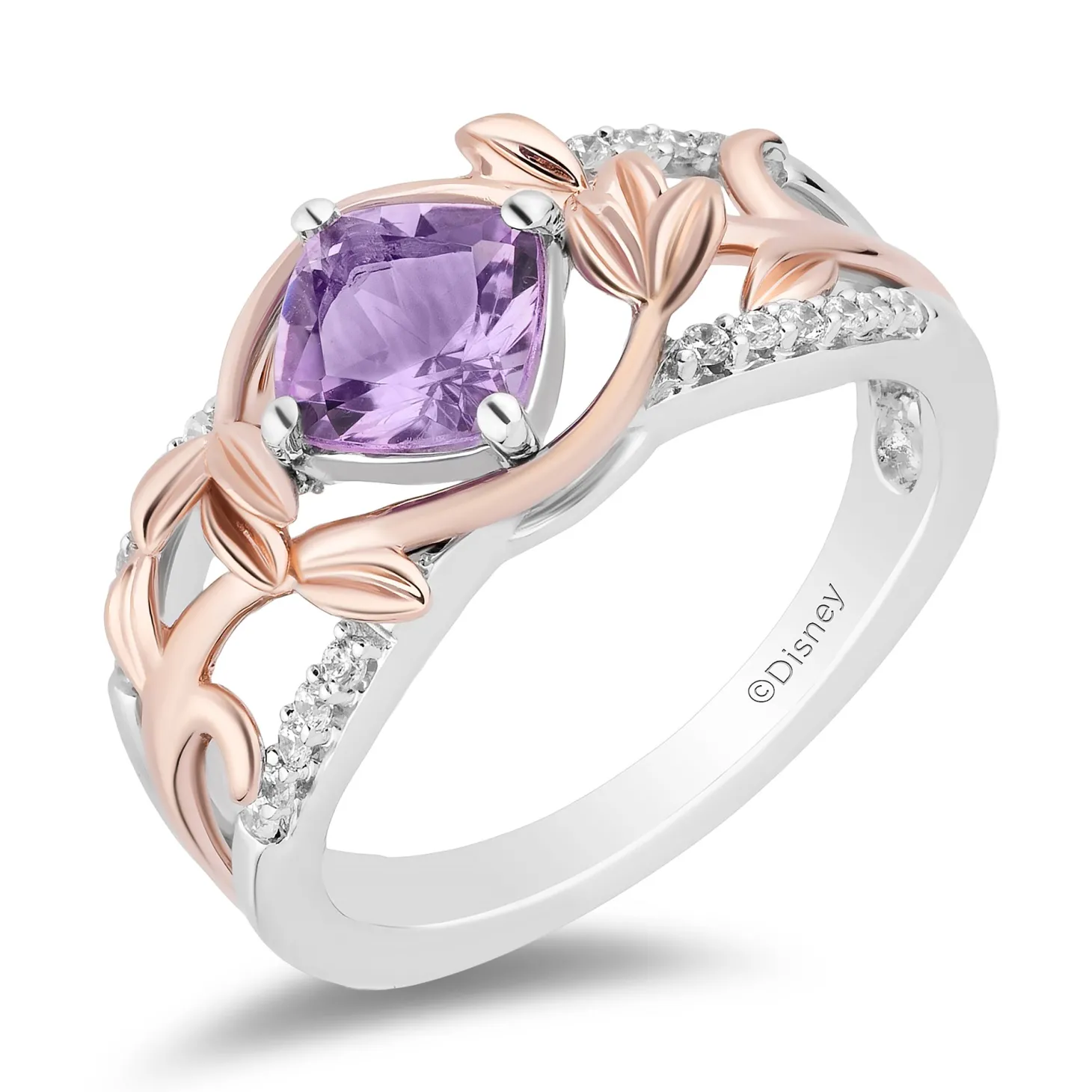 Enchanted Disney Fine Jewelry Sterling Silver and 10K Rose Gold with 1/10 CTTW Diamonds and Rose De France Rapunzel Ring