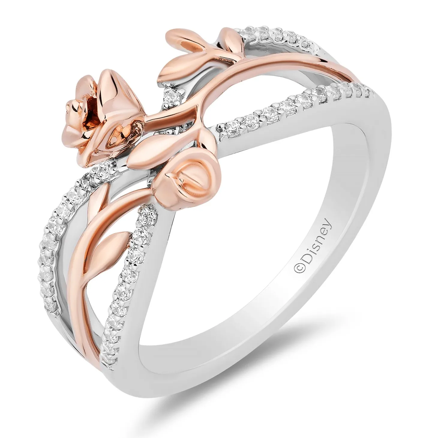 Enchanted Disney Fine Jewelry 14K Rose Gold Over Sterling Silver with 1/6 CTTW Diamonds Belle Crossover Ring