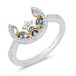 Enchanted Disney Fine Jewelry Black Rhodium Over Sterling Silver and 10K Yellow Gold with 1/6 CTTW Diamonds and Swiss Blue Topaz Jasmine Moon with Star Ring