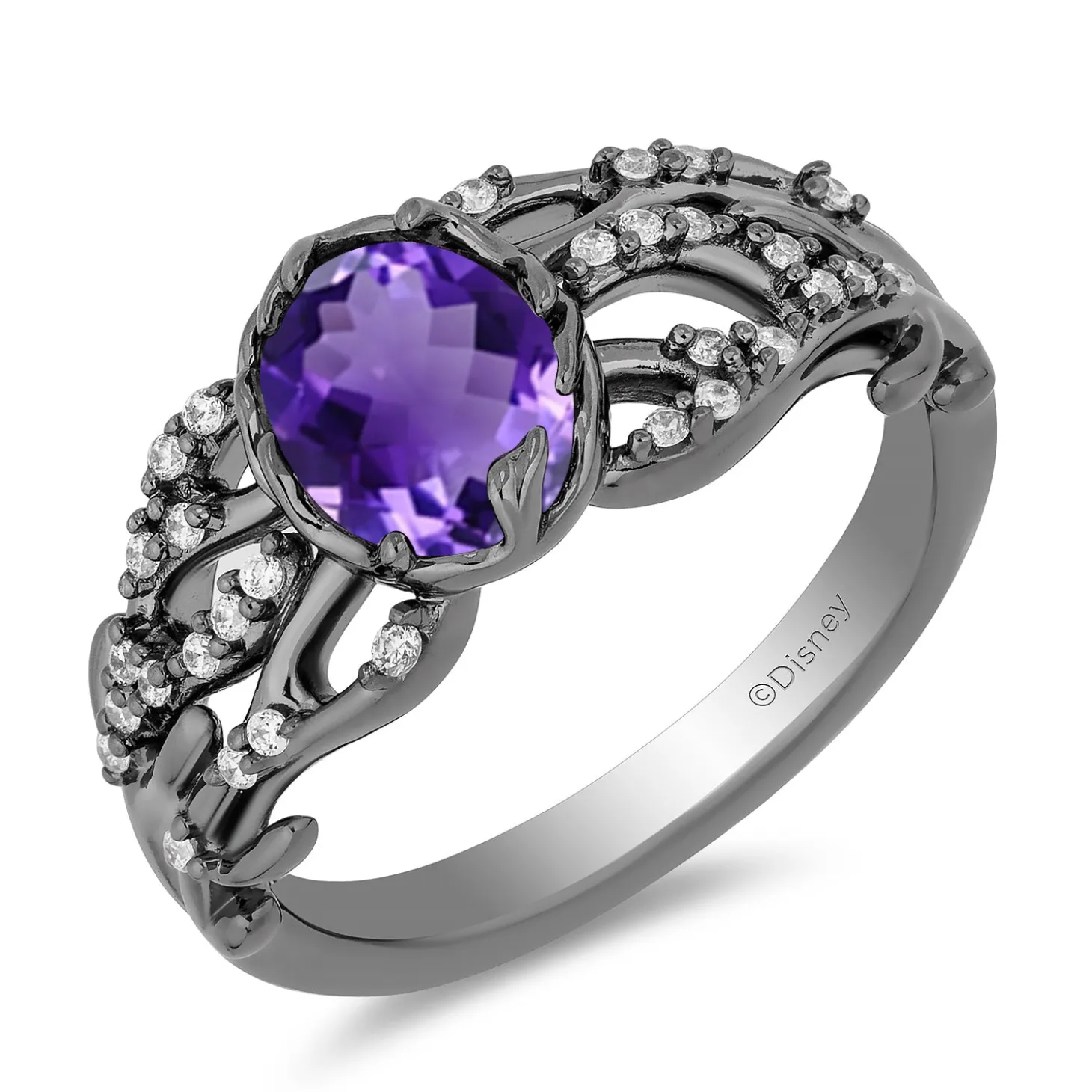 Enchanted Disney Fine Jewelry Black Rhodium Over Sterling Silver with 1/6 CTTW Diamonds and Amethyst Ursula Ring