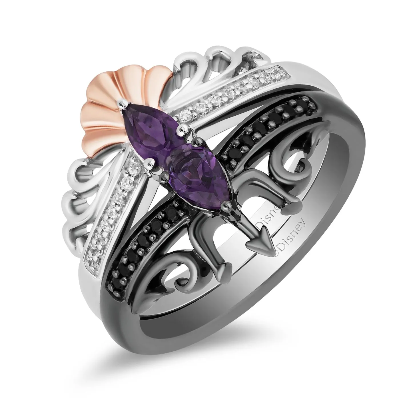 Enchanted Disney Fine Jewelry Black Rhodium and 14K Rose Gold over Sterling Silver With 1/6 CTTW Black and White Diamond and Pear Amethyst Ariel and Ursula Villains Duo Stack Ring