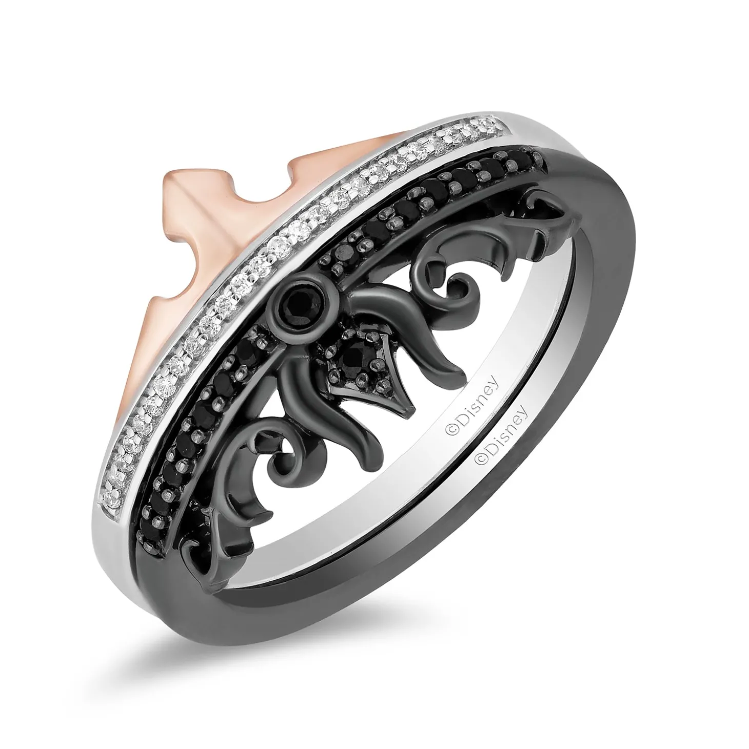 Enchanted Disney Fine Jewelry Black Rhodium and 14K Rose Gold Over Sterling Silver 1/5 CTTW Black and White Diamond Aurora and Maleficent Duo Stack Ring