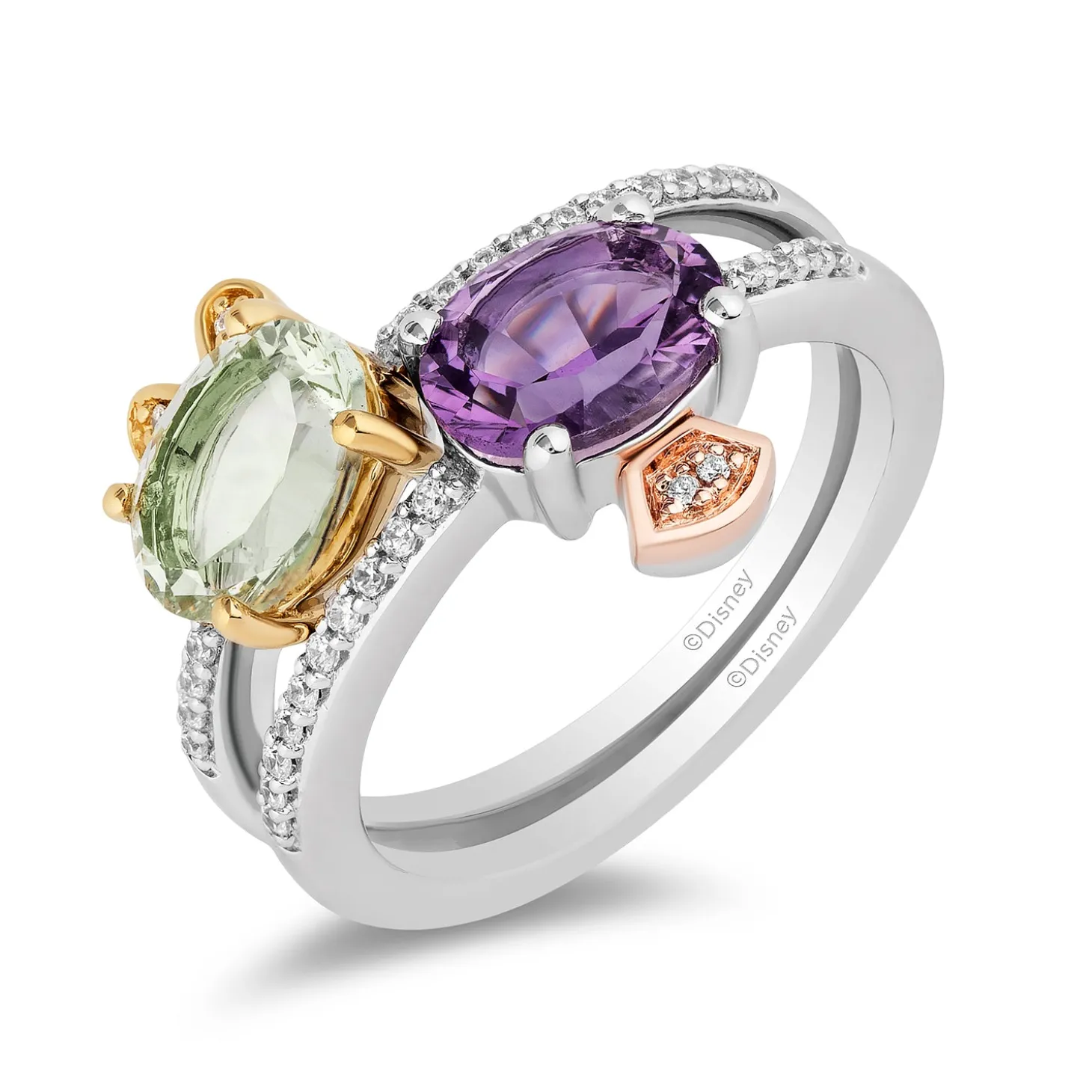 Enchanted Disney Fine Jewelry Sterling Silver and 10K Yellow and Rose Gold 1/6 CTTW Diamond with Green and Purple Amethyst Stepsisters Stackable Ring