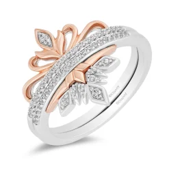 Enchanted Disney Fine Jewelry Sterling Silver and 10K Rose Gold With 1/6 CTTW Diamond Elsa and Anna Duo Stack Ring