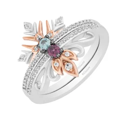 Enchanted Disney Fine Jewelry Sterling Silver and 10K Rose Gold With 1/5 CTTW Diamond with Round Swiss Blue Topaz and Rhodolite Garnet Elsa and Anna Duo Stack Ring