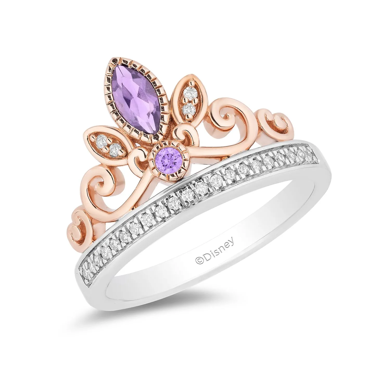 Enchanted Disney Fine Jewelry 14K Rose Gold over Sterling Silver with 1/10 CTTW Diamond and Rose-de-France Rapunzel Tiara Ring