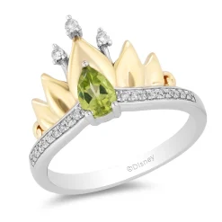 Enchanted Disney Fine Jewelry Sterling Silver and 10K Yellow Gold 1/10 CTTW Diamond and Peridot Tiana Water Lily Tiara Ring