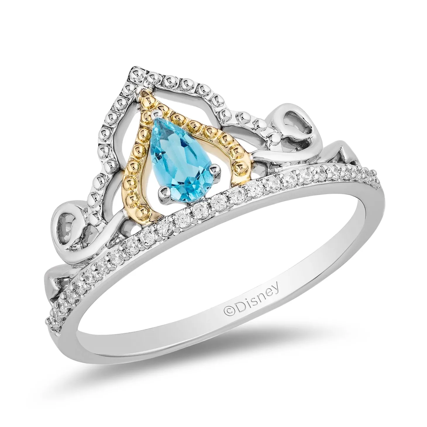 Enchanted Disney Fine Jewelry Sterling Silver and 10K Yellow Gold 1/10 CTTW Diamond and Swiss Blue Topaz Jasmine Ring