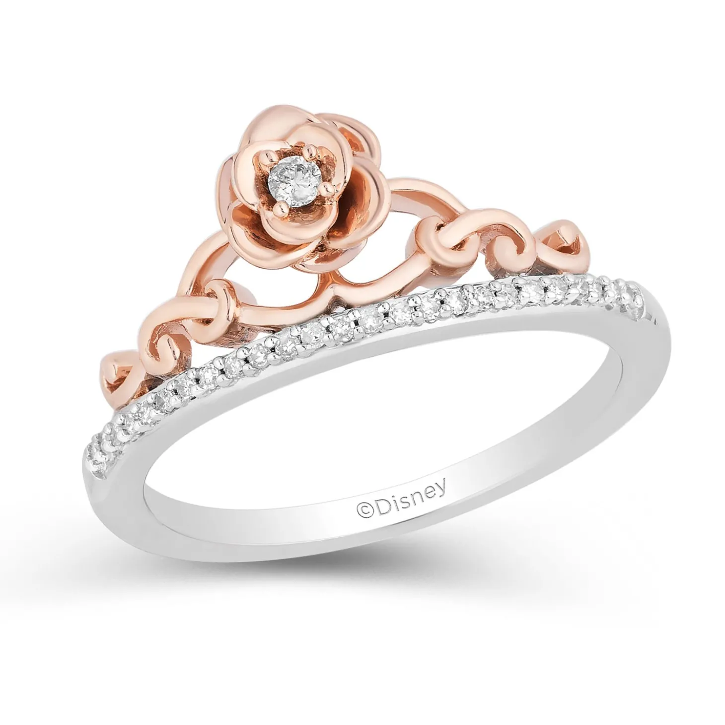 Enchanted Disney Fine Jewelry 14K Rose Gold over Sterling Silver with 1/10 CTTW Diamonds Belle Rose Ring