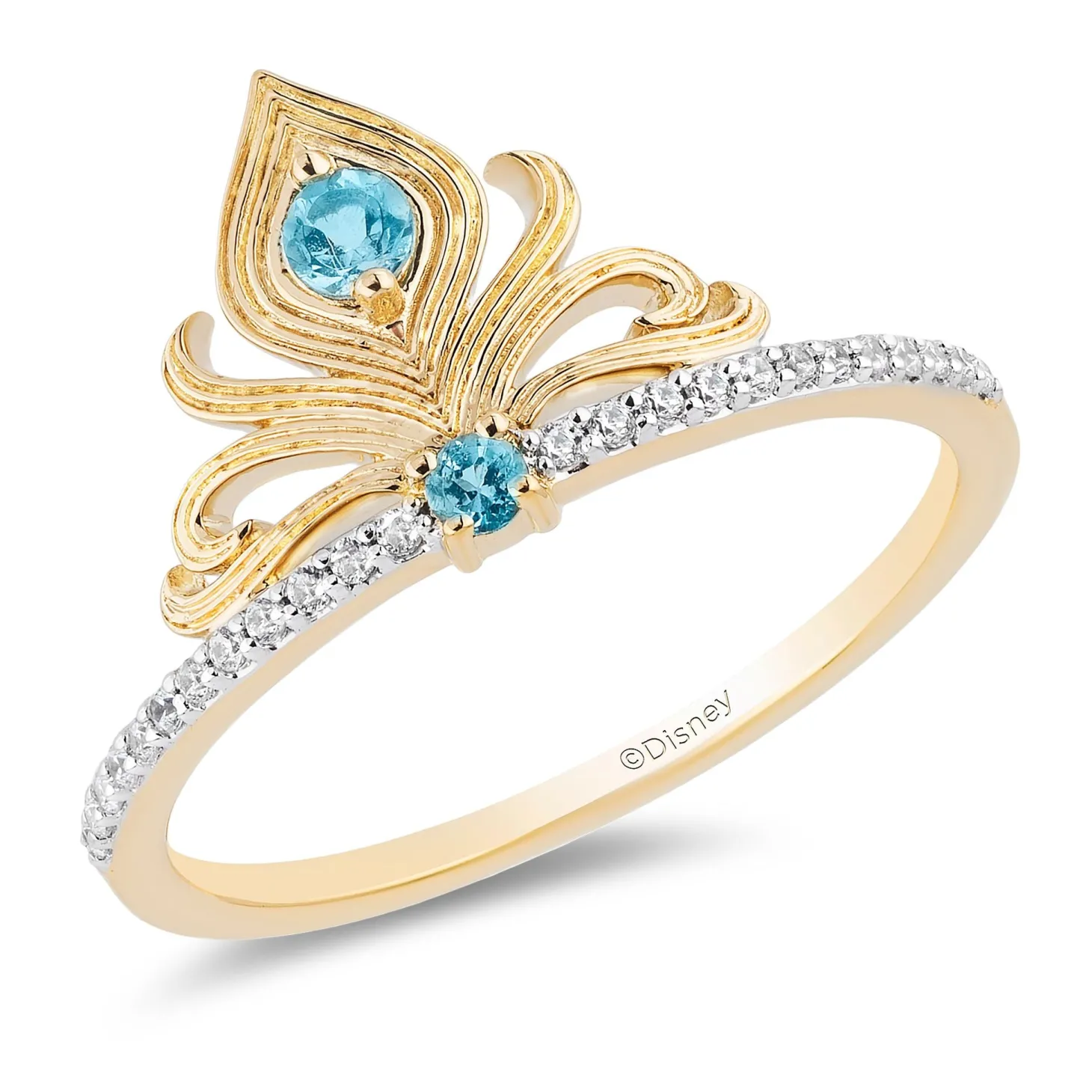 Enchanted Disney Fine Jewelry 14K Yellow Gold over Sterling Silver with 1/10 CTTW Diamond and Swiss Blue Topaz Jasmine Ring