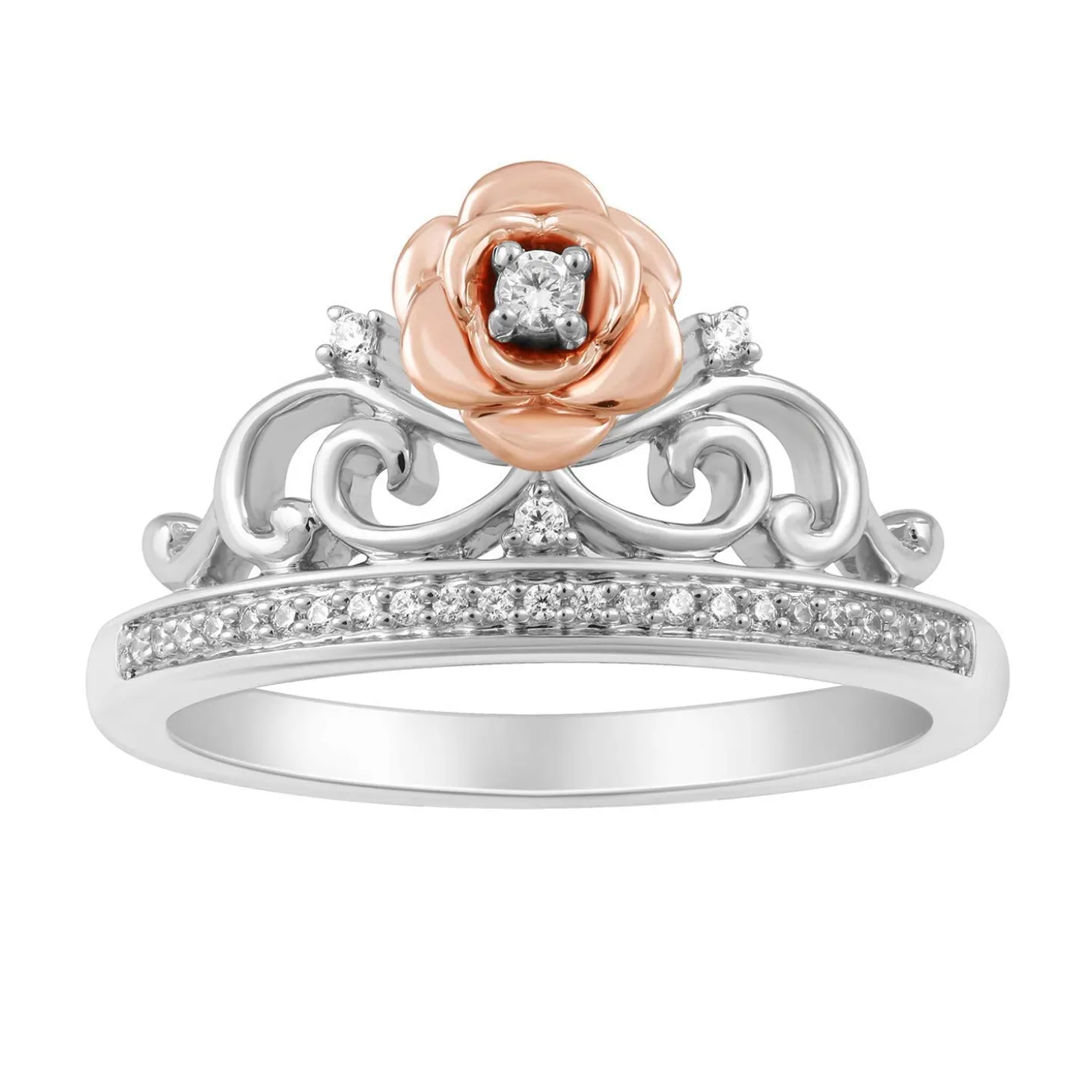 Enchanted Disney Fine Jewelry Sterling Silver And 10K Rose Gold 1/10 CTTW Belle Rose Tiara Ring