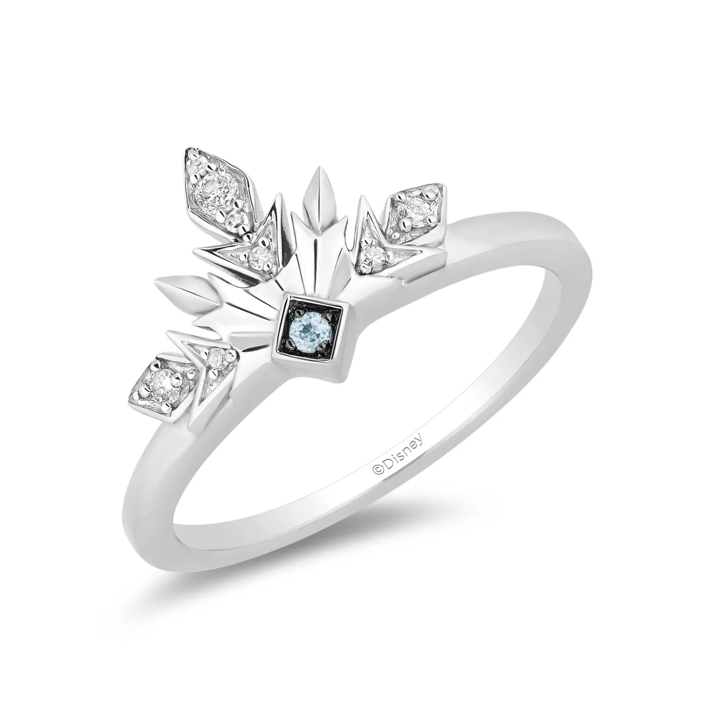 Enchanted Disney Fine Jewelry Sterling Silver with 1/20 CTTW Diamond with Swiss Blue Topaz Frozen 2 Elsa Snowflake Ring