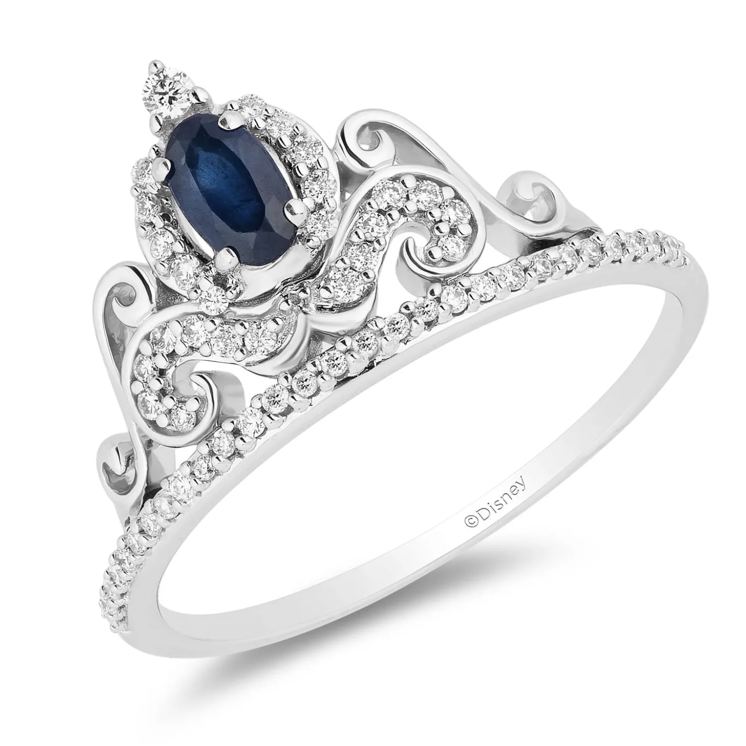 Enchanted Disney Fine Jewelry 14K White Gold With 1/6 CTTW Diamond with Blue Sapphire Cinderella Tiara Ring