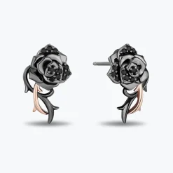 Enchanted Disney Fine Jewelry Black Rhodium Over Sterling Silver and 10K Rose Gold with 1/6 CTTW Black Diamonds Maleficent Rose Earrings