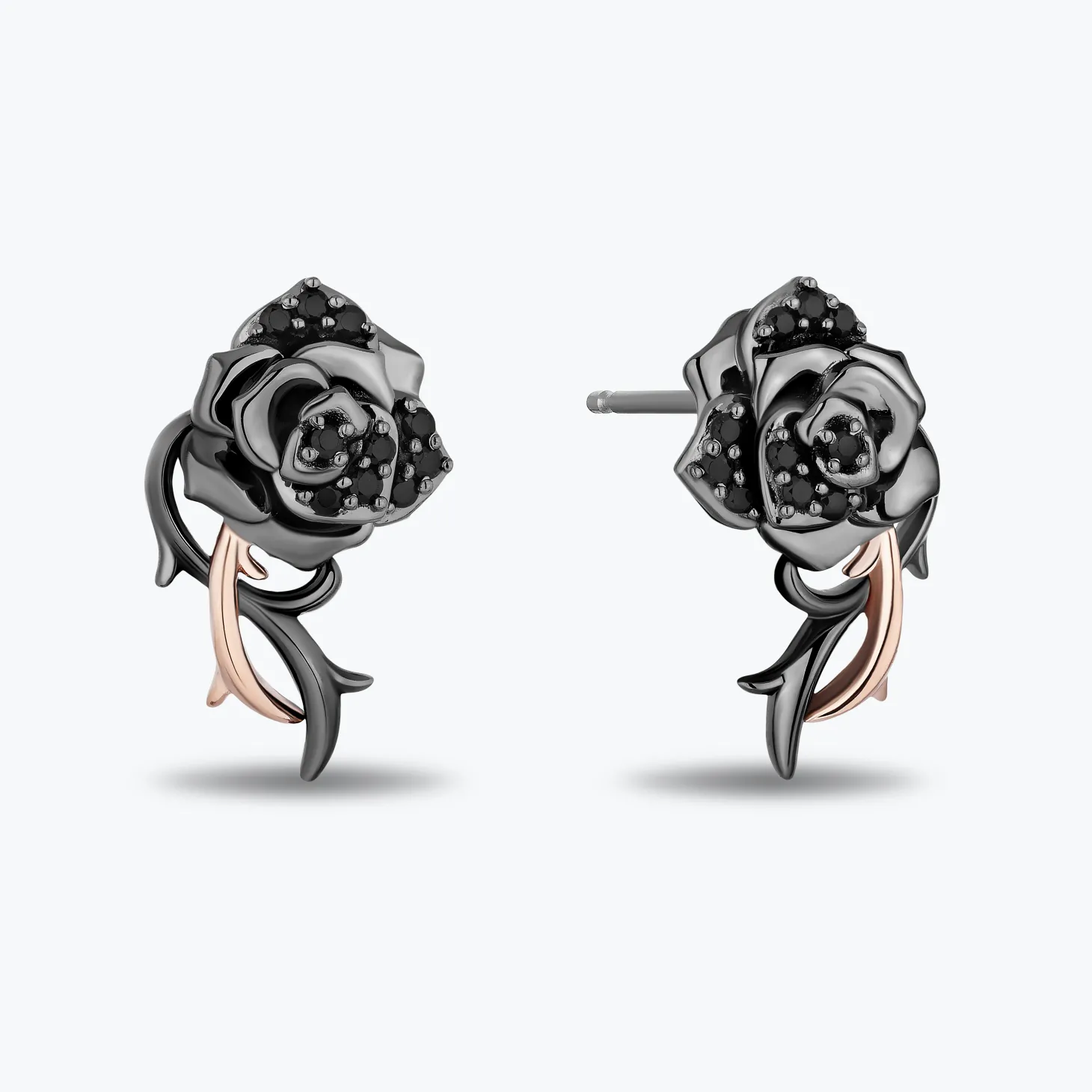 Enchanted Disney Fine Jewelry Black Rhodium Over Sterling Silver and 10K Rose Gold with 1/6 CTTW Black Diamonds Maleficent Rose Earrings