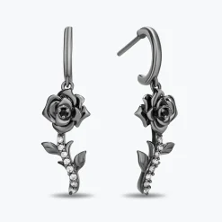 Enchanted Disney Fine Jewelry Black Rhodium Over Sterling Silver with 1/8 CTTW Black and White Diamond Maleficent Rose Earrings
