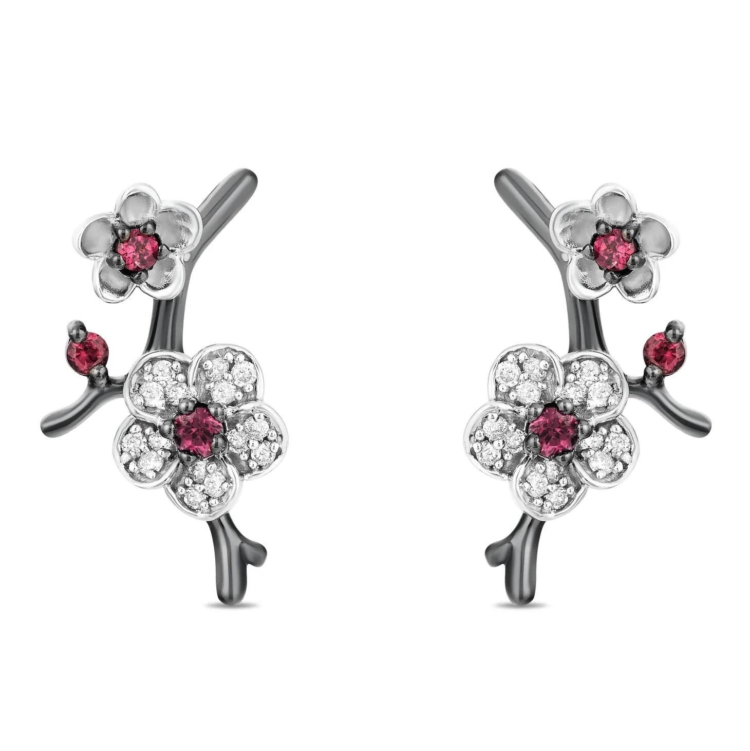 Enchanted Disney Fine Jewelry Black Rhodium Over Sterling Silver with Rhodolite Garnet and 1/8 CTTW Diamond Mulan Earrings