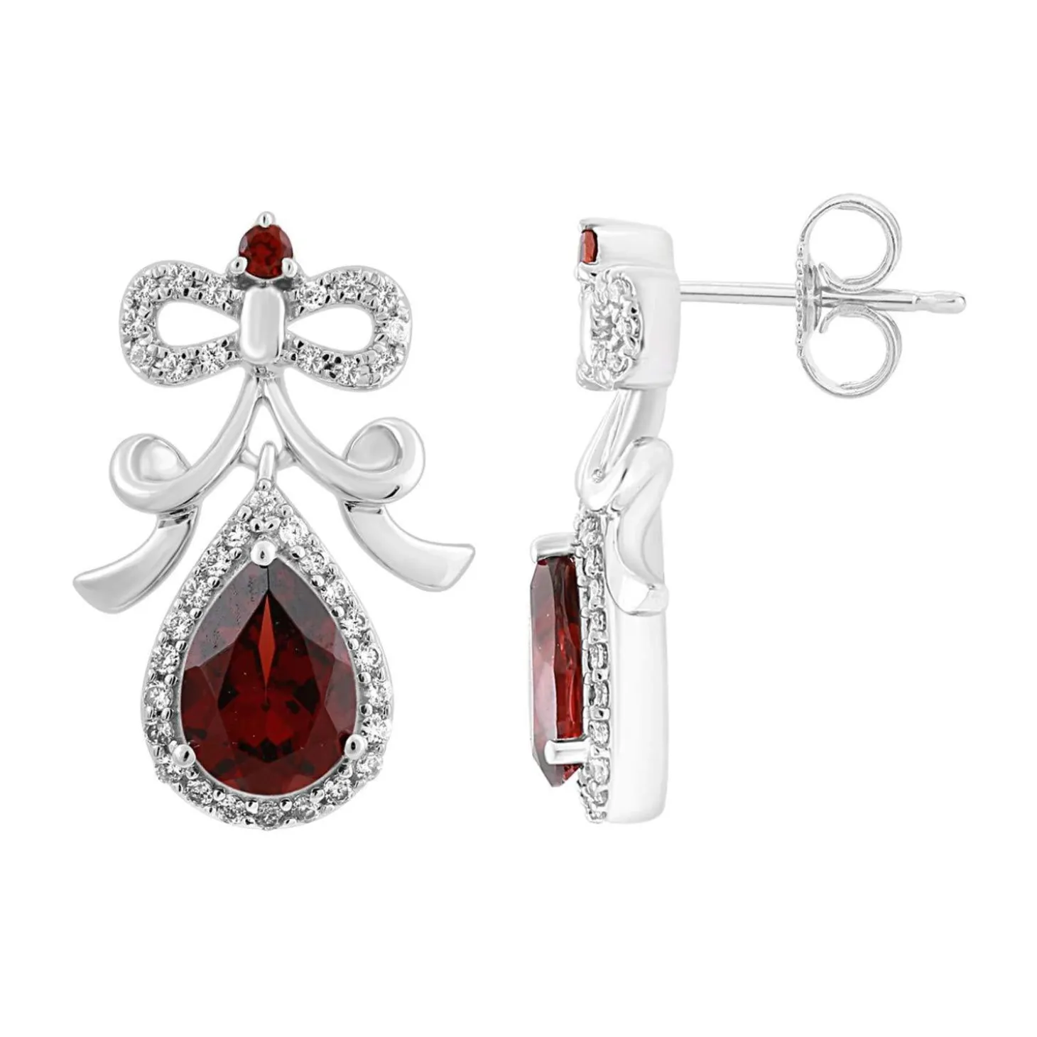 Enchanted Disney Fine Jewelry Sterling Silver with 1/4 CTTW Diamond and Garnet Snow White Bow Earrings
