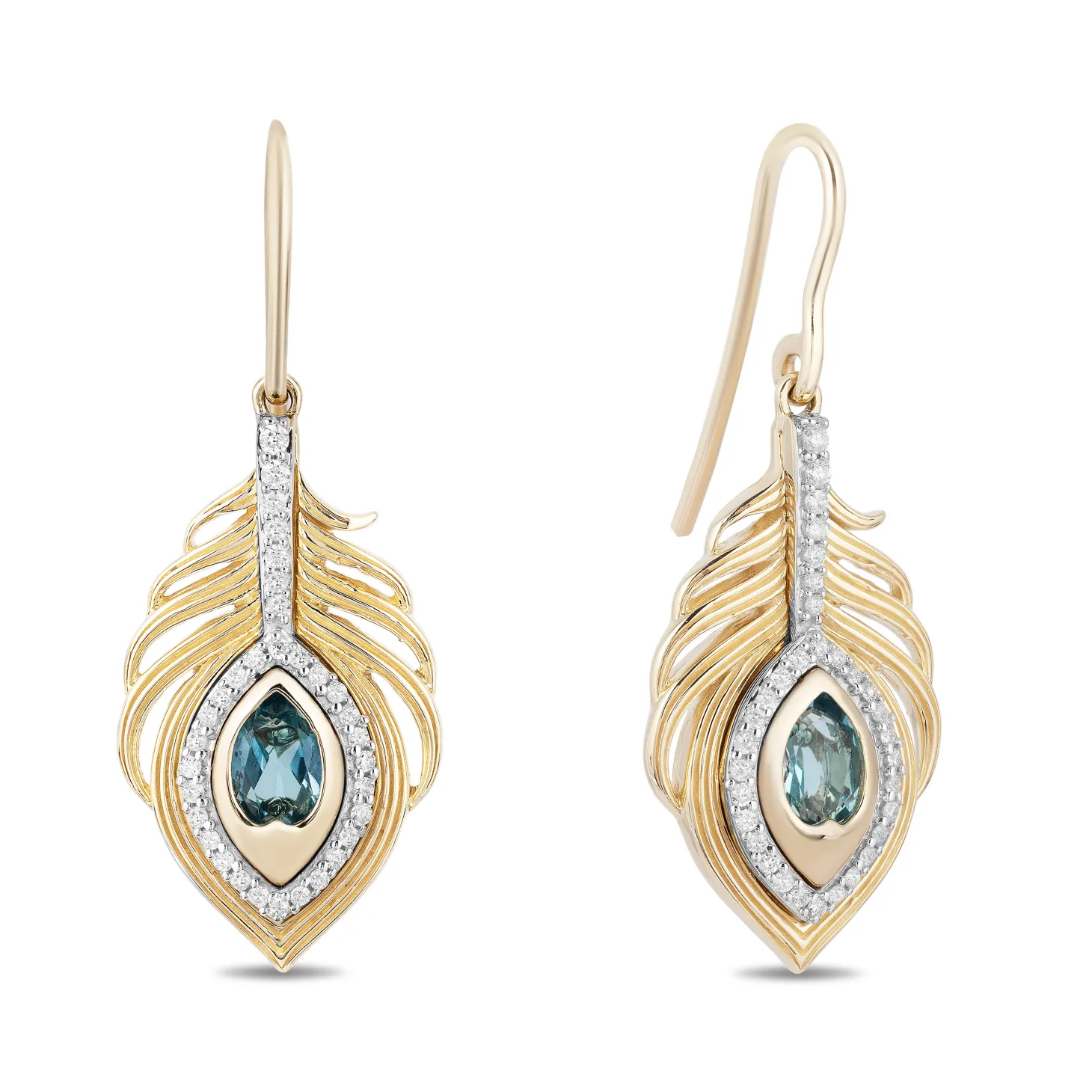 Enchanted Disney Fine Jewelry 10K Yellow Gold with 1/5 CTTW Diamonds and Swiss Blue Topaz Jasmine Peacock Feather Earrings
