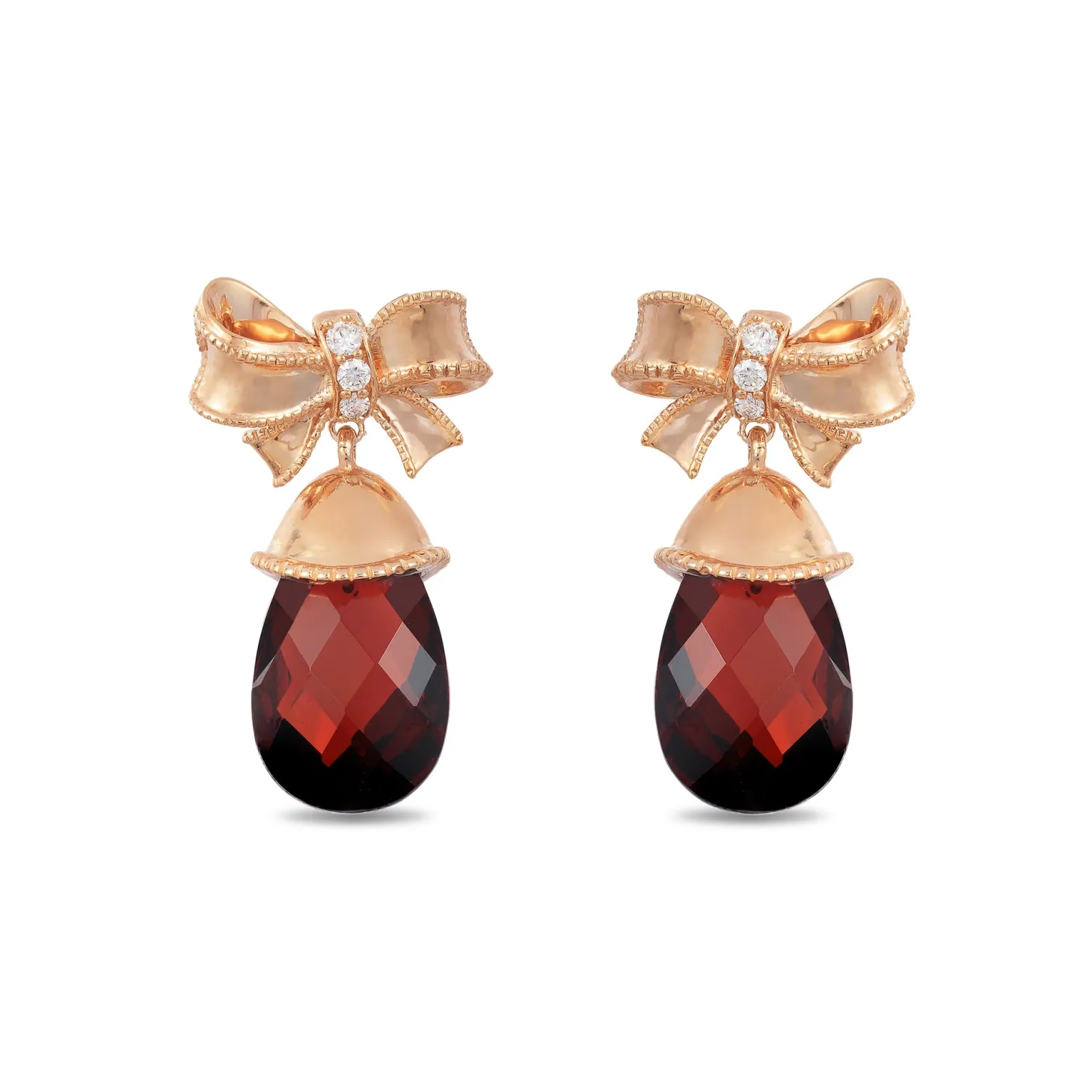 Enchanted Disney Fine Jewelry 14k Rose Gold 1/15 CTTW Diamond and Garnet Snow White Bow Earrings