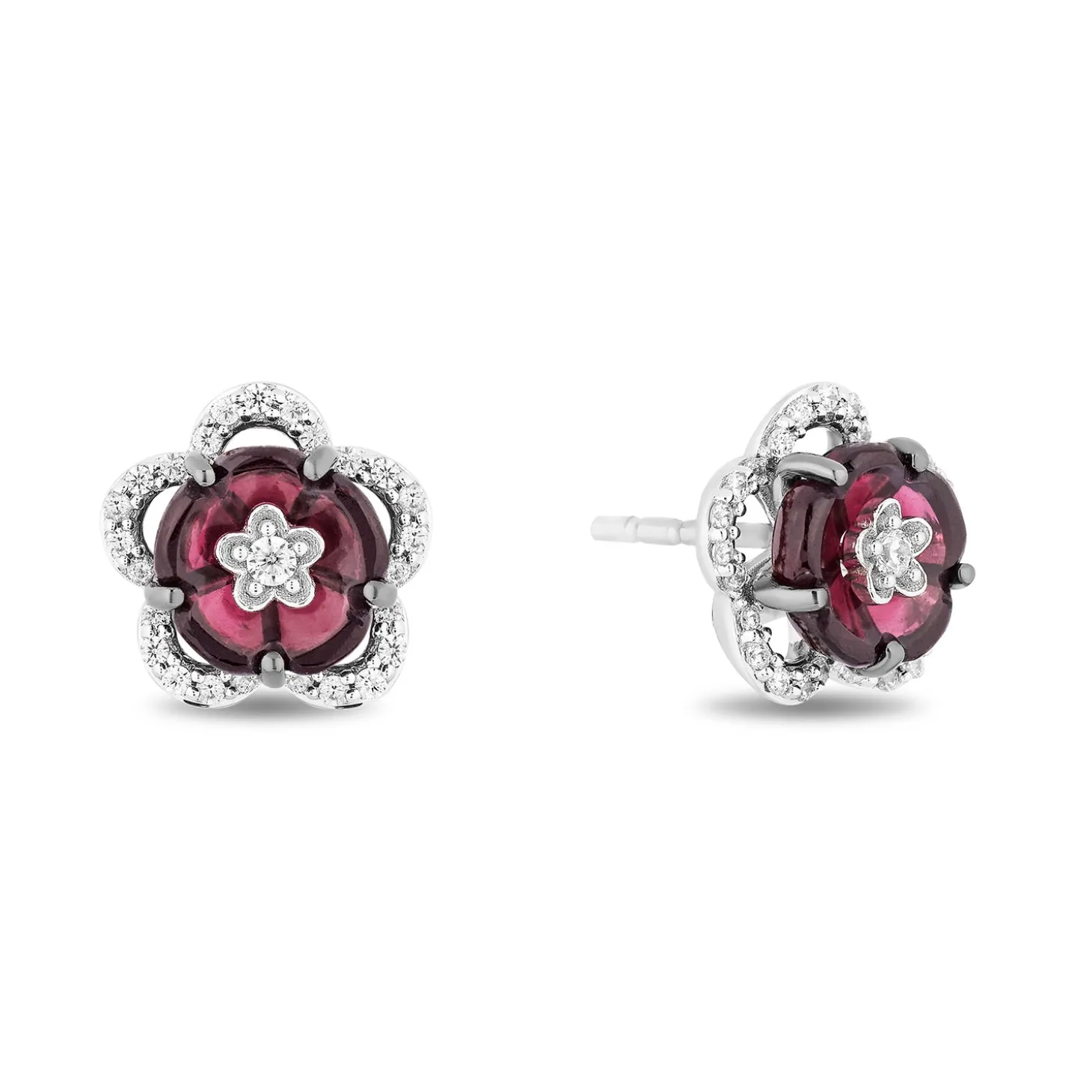 Enchanted Disney Fine Jewelry Black Rhodium Over Sterling Silver with 1/5 CTTW Diamonds and Rhodolite Garnet Mulan Earrings