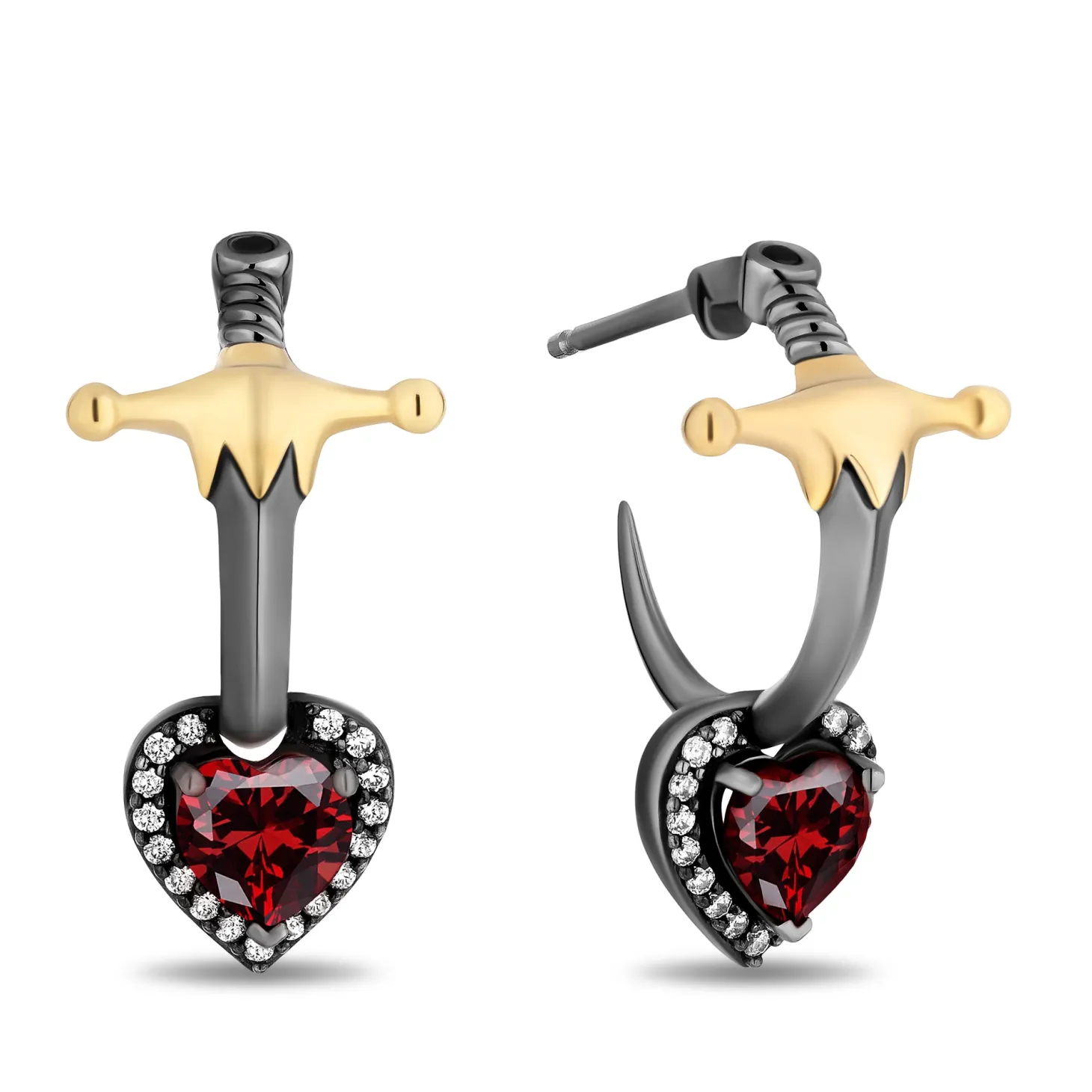 Enchanted Disney Fine Jewelry Black Rhodium and 14K Yellow Gold Over Sterling Silver with 1/8 CTTW Black and White Diamond with Red Garnet Evil Queen Earrings