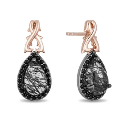 Enchanted Disney Fine Jewelry Black Rhodium Over Sterling Silver and 10K Rose Gold with 1/6 CTTW Diamonds and Rutile Quartz Maleficent Earrings