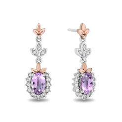 Enchanted Disney Fine Jewelry Sterling Silver and 10K Rose Gold 1/5 CTTW Diamond and Rose De France Rapunzel Drop Earrings