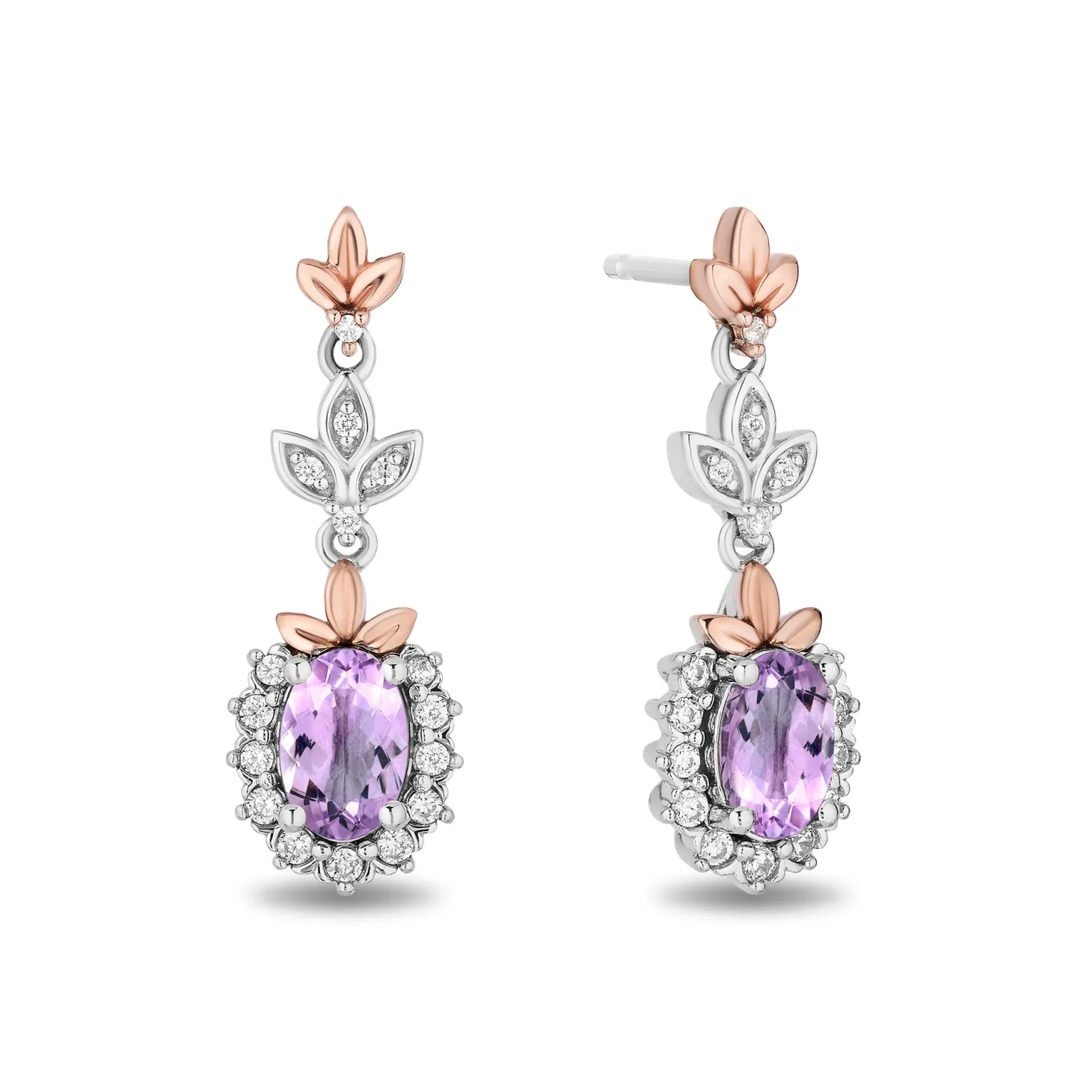 Enchanted Disney Fine Jewelry Sterling Silver and 10K Rose Gold 1/5 CTTW Diamond and Rose De France Rapunzel Drop Earrings