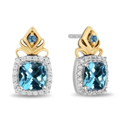 Enchanted Disney Fine Jewelry 14K Yellow Gold Over Sterling Silver with 1/6 CTTW Diamonds and Swiss Blue Topaz Jasmine Earrings