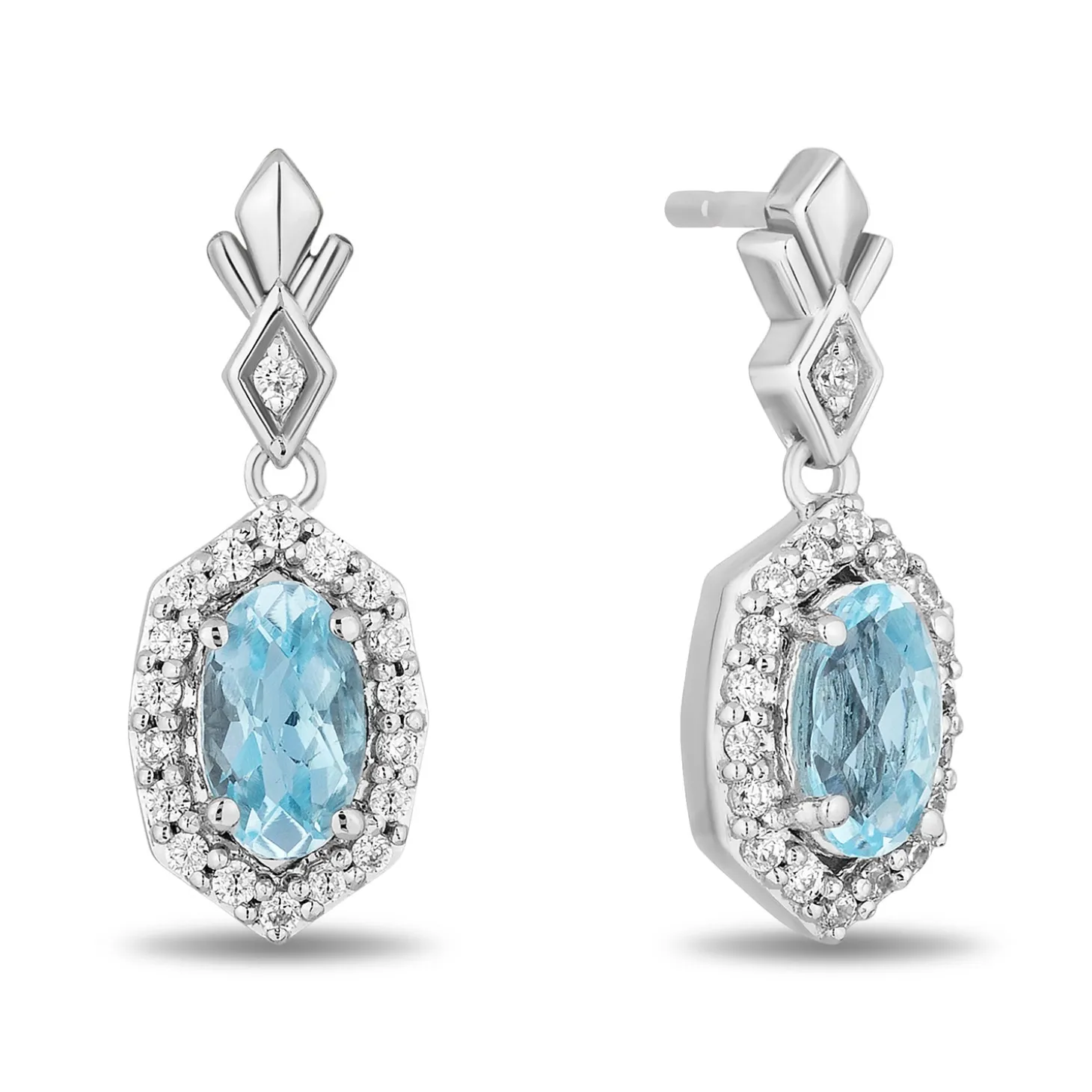Enchanted Disney Fine Jewelry Sterling Silver with 1/10 CTTW Diamonds and Checkerboard Sky Blue Topaz Elsa Earrings