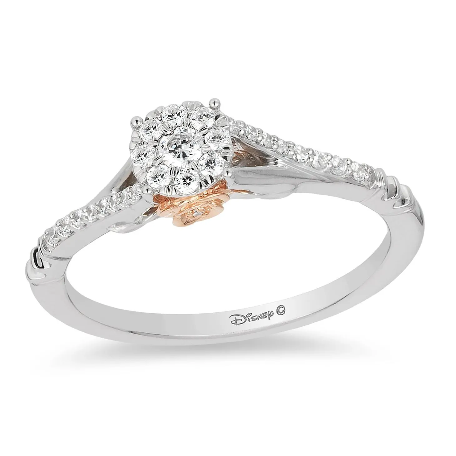 Enchanted Disney Fine Jewelry 10K White Gold and Rose Gold 1/5 CTTW Belle Promise Ring