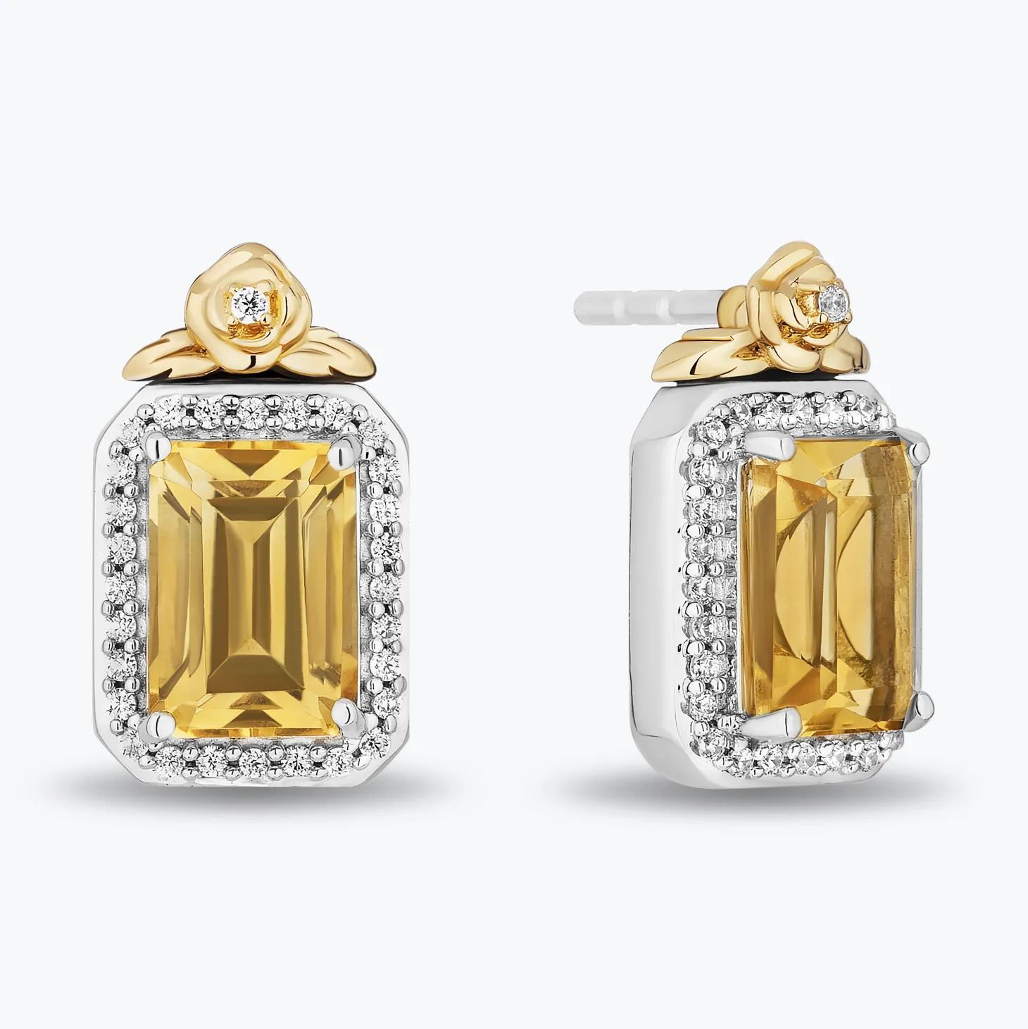 Enchanted Disney Fine Jewelry Sterling Silver and 10K Yellow Gold with 1/6 CTTW Diamonds and Citrine Belle Stud Earrings