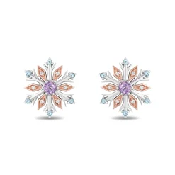 Enchanted Disney Fine Jewelry 14K Rose Gold over Sterling Silver with 1/20 CTTW Diamond with Swiss Blue Topaz and Rose-De-France Elsa Snow Flake Earrings