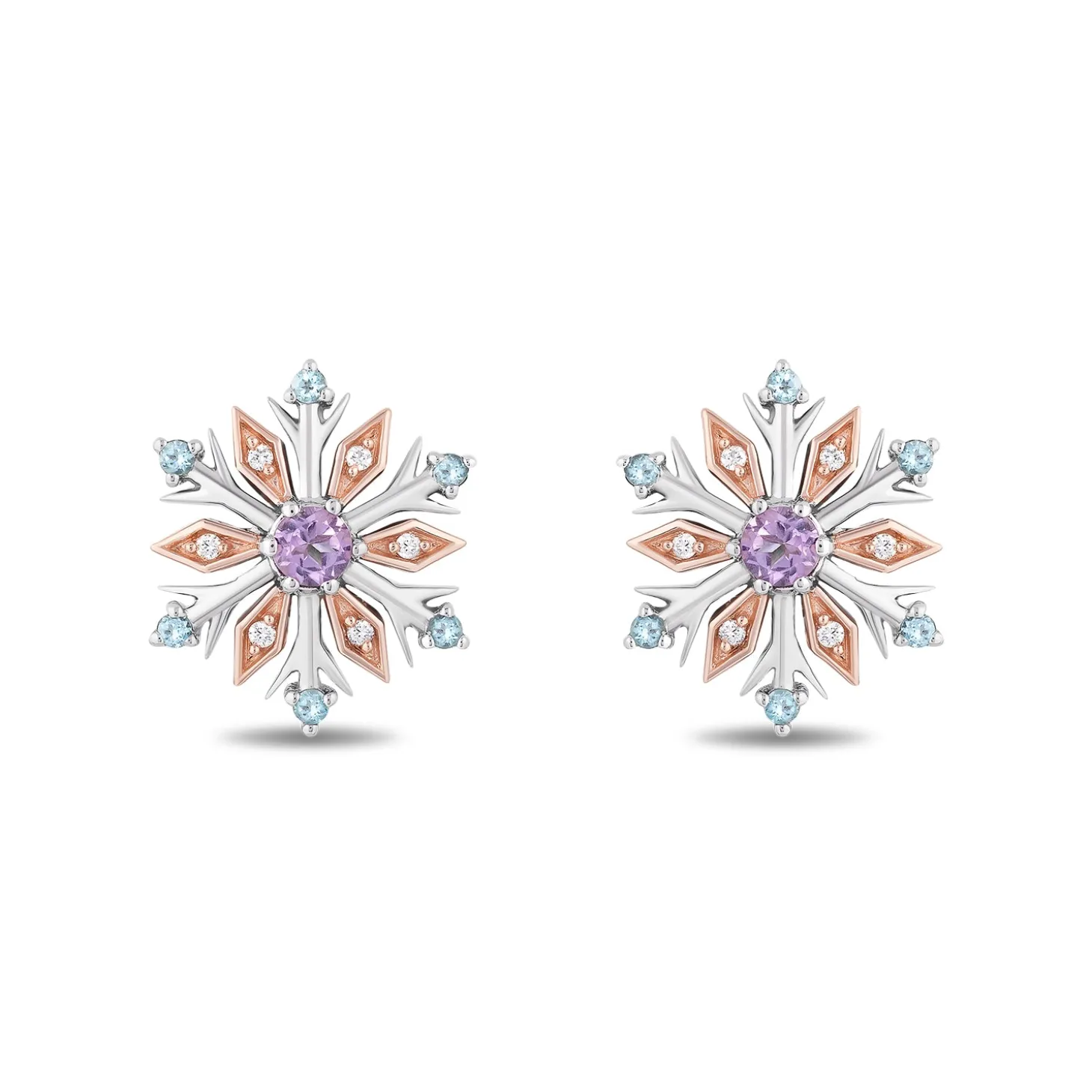 Enchanted Disney Fine Jewelry 14K Rose Gold over Sterling Silver with 1/20 CTTW Diamond with Swiss Blue Topaz and Rose-De-France Elsa Snow Flake Earrings