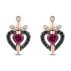 Enchanted Disney Fine Jewelry Sterling Silver and 10K Rose Gold 1/6 CTTW Black and White Diamond with Created Ruby Evil Queen Dagger Earrings