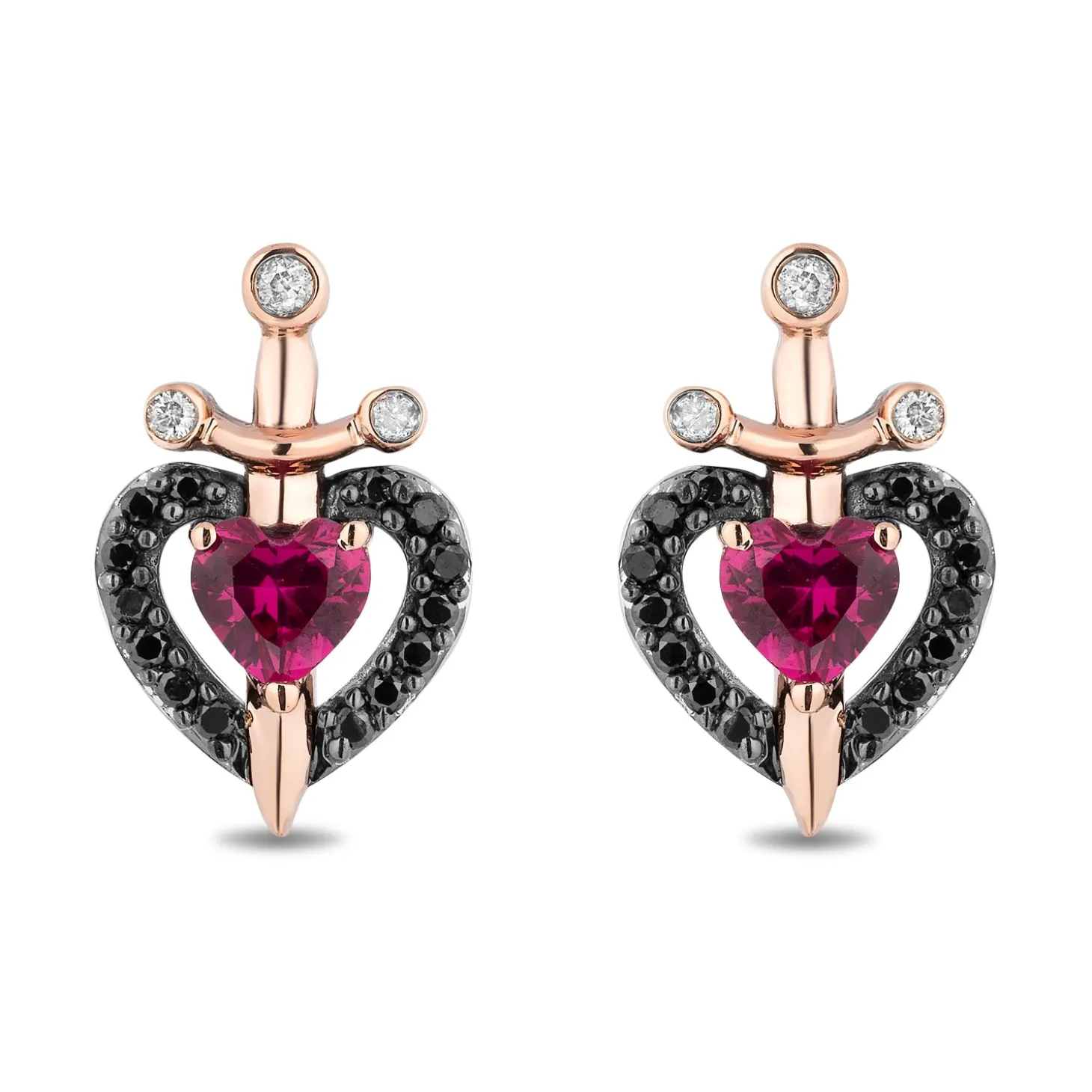 Enchanted Disney Fine Jewelry Sterling Silver and 10K Rose Gold 1/6 CTTW Black and White Diamond with Created Ruby Evil Queen Dagger Earrings